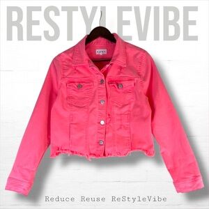 RISEN Women’s Size M Denim Jean Jacket Coat Trucker Style Stretch Pink Distress